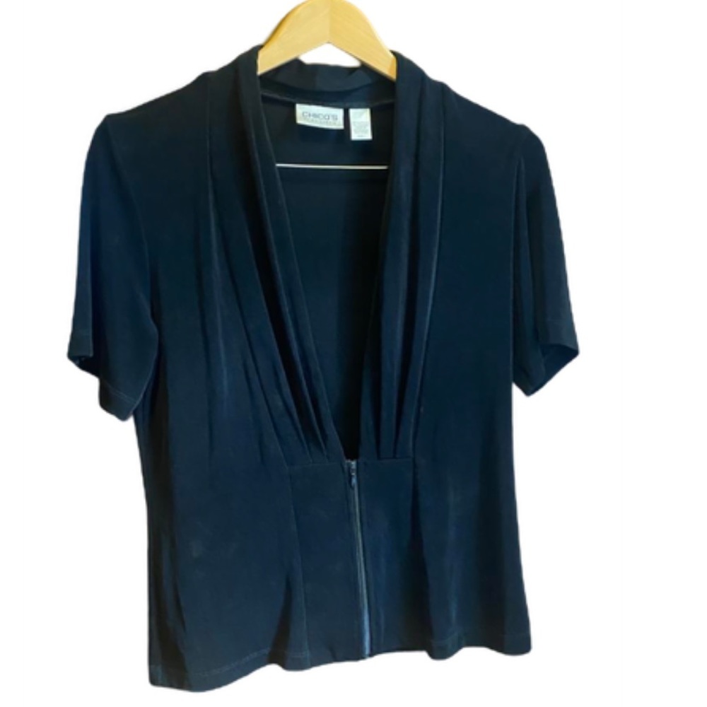 CHICO'S  Black V-neck Short Sleeve Half Zip Top Medium